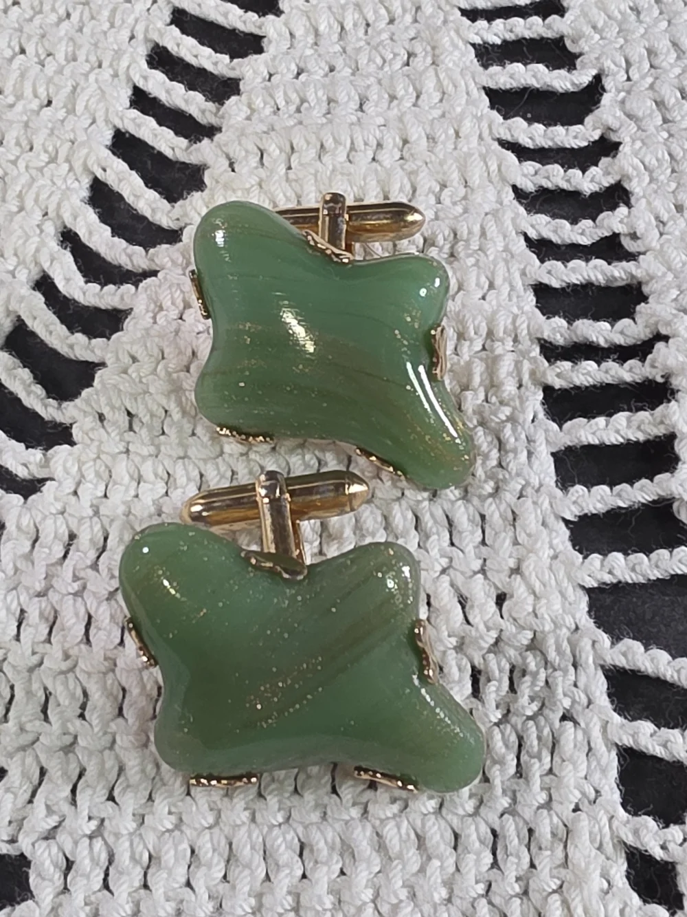 Vtg Swank Cufflink~Murano Chrystal Jade Green~Gold Striations Biomorphic~MCM